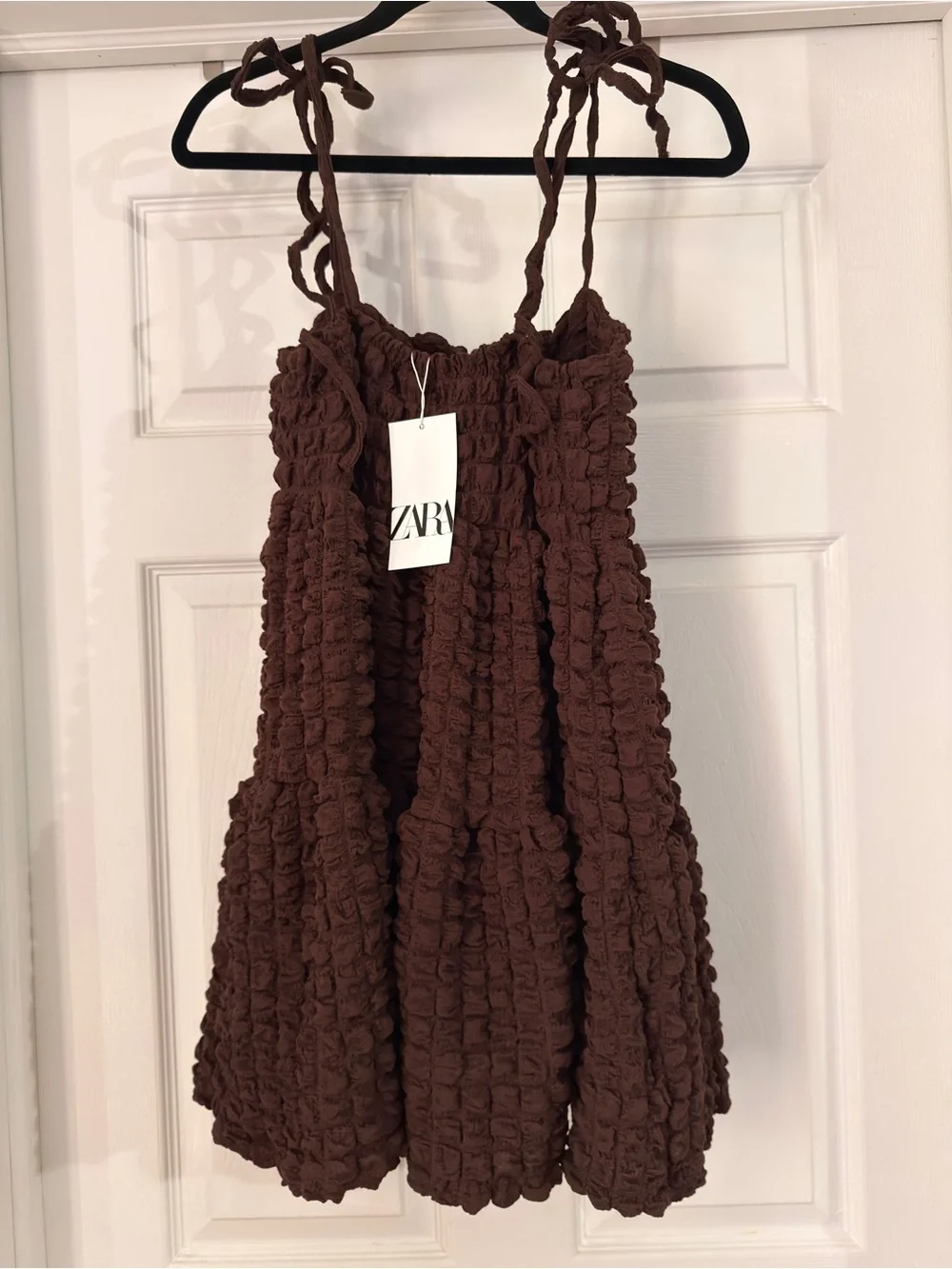Brown Ruffled Smocked Tie-Shoulder Kids Dress